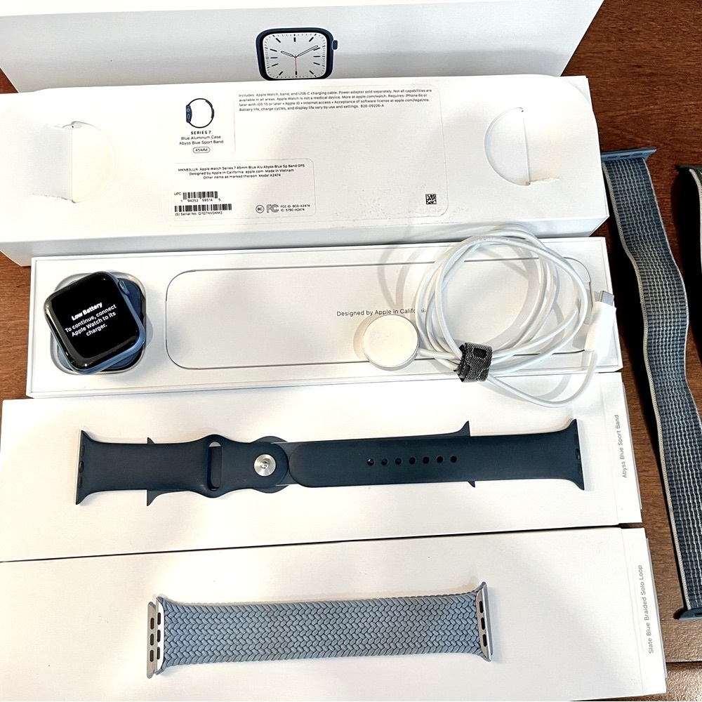 Apple Watch Series 7 GPS, 45mm Blue Aluminum Case with bands!